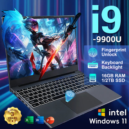 i9 Laptop Windows11 Pro 15.6" Ultra Portable Laptop intel Core i9-9900U 16GB RAM 1TB 2TB SSD Fingerprint Office Gaming Laptop PC