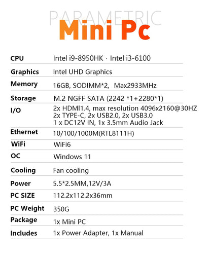 New Portable i9 Mini PC Computer Windows 11 Intel Core i9 8950HK 16GB 1TB Gaming Computer Dual-Band WiFi 6-Core Mini Desktop PC