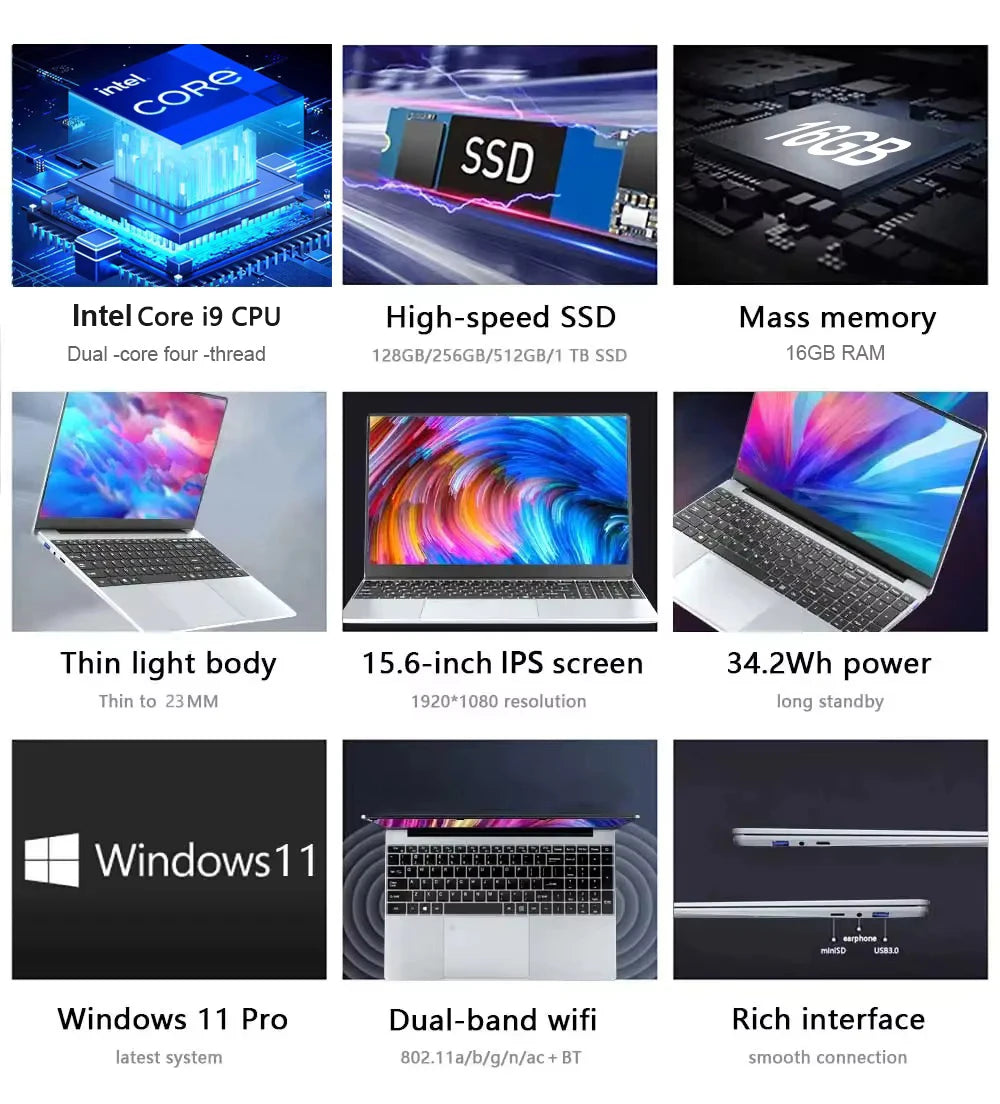 Windows 11 Intel I9-10980HK I3-6100U 15.6 inch Portable Laptop Fingerprint Unlock Notebook 16GB 1TB 2TB Gaming Laptops Computer