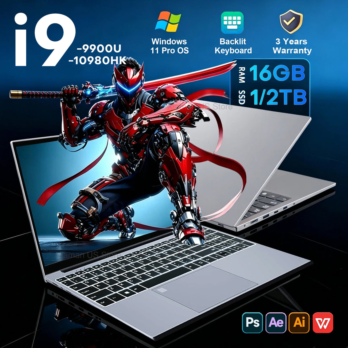 Portable 15.6 Inch Laptop Windows 11 Intel Core I9-10980HK/9900U 16GB RAM 1TB SSD Office Laptops Fingerprint Unlock Notebook PC