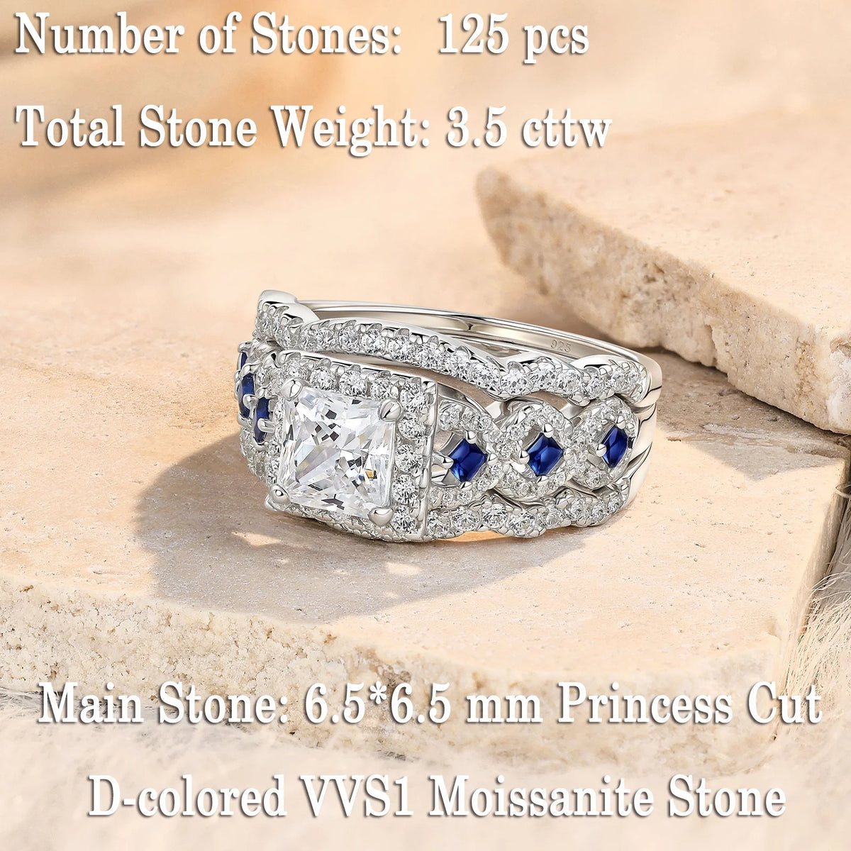 Newshe 3 Pcs Certified Moissanite Wedding Rings Set for Women 925 Sterling Silver 6.5mm Princess Cut Luxury Bridal Jewelry
