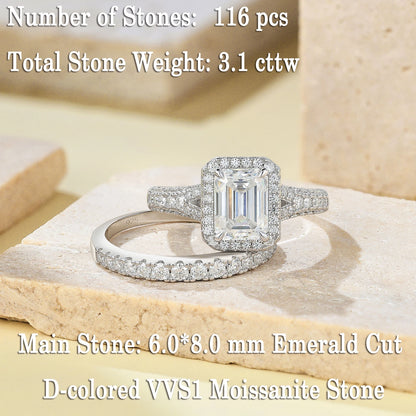 Newshe Emerald Cut Moissanite Wedding Rings Set for Women 2pcs 925 Sterling Silver Halo Engagement Bridal Ring