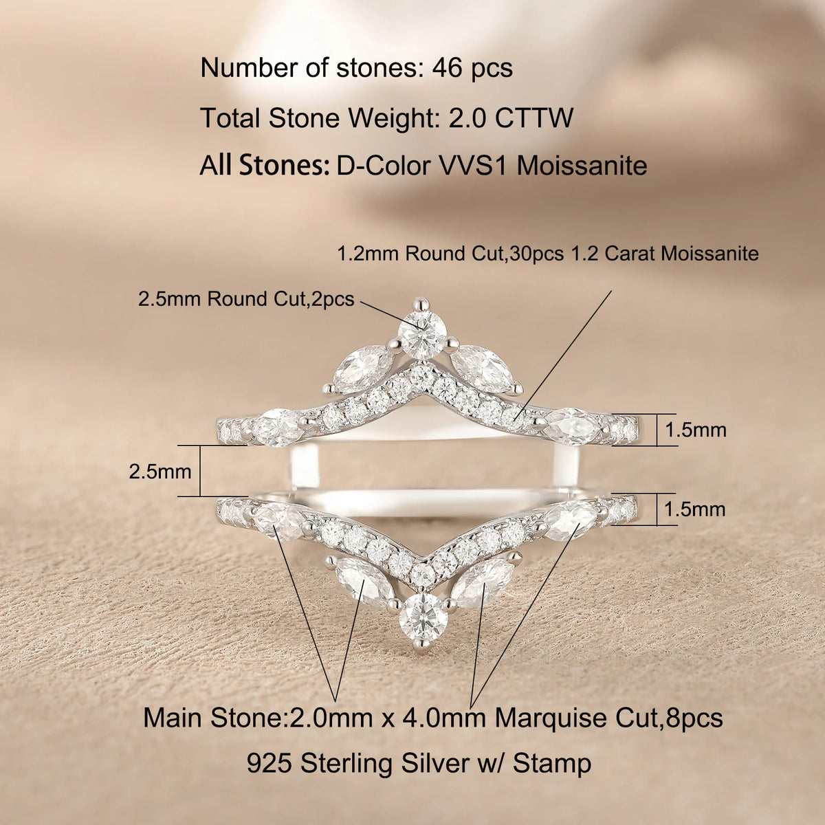 Newshe 925 Sterling Silver Moissanite/Zircons Wedding Ring Enhancers for Women Adjustable Crown Guard Band