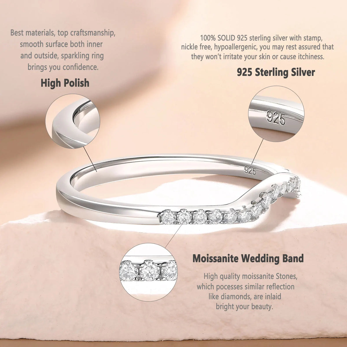 Newshe 925 Silver Moissanite Wedding Rings for Women Curved Stacking Eternity Band Jewelry Gift D Color VVS1 Pass Diamond Tester