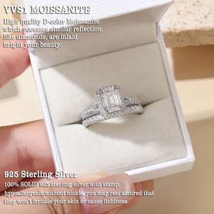 Newshe Emerald Cut Moissanite Wedding Rings Set for Women 2pcs 925 Sterling Silver Halo Engagement Bridal Ring