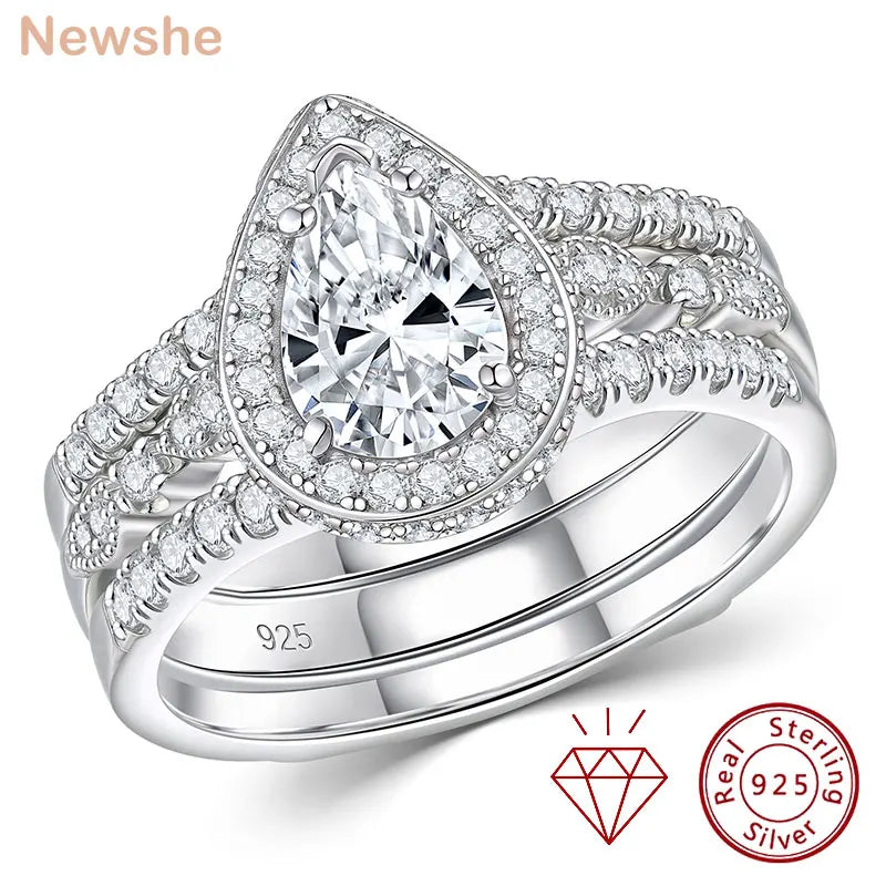 Newshe Moissanite Bridal Ring Sets for women Certified 925 Sterling Silver Pear Shape Engagement Ring with Enhancer Band