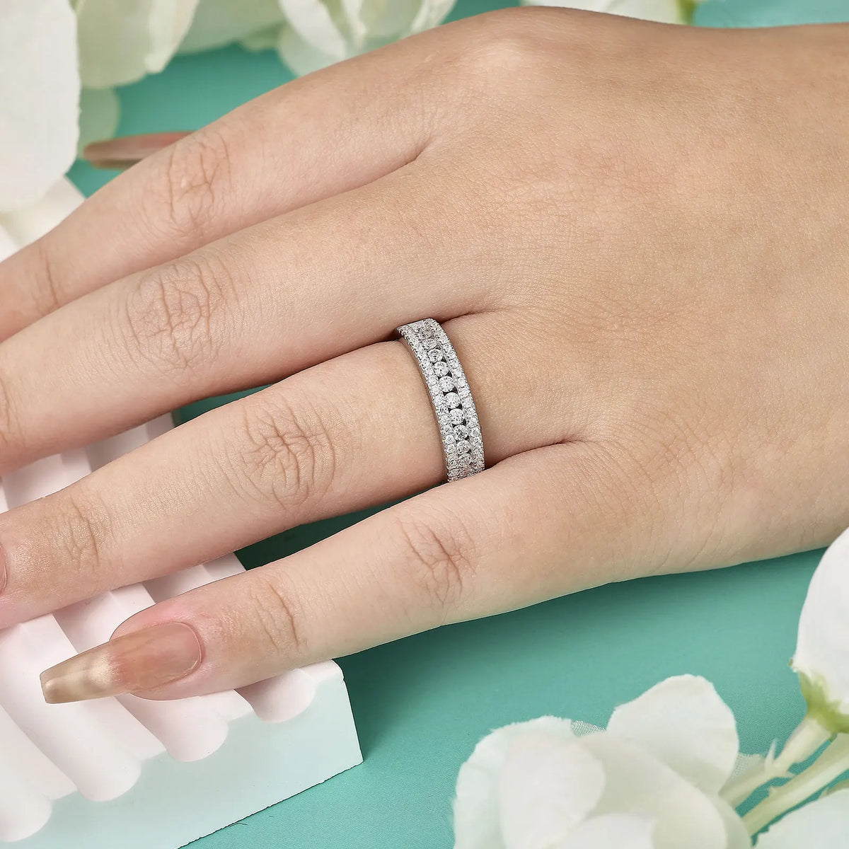 Newshe D Color Moissanite Rings Wedding Ring for Women 925 Sterling Silver Half Eternity Engagement Band