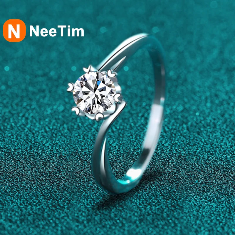 NeeTim 0.5ct 5mm Moissanite Ring Lab Diamond Solitaire Ring for Women Engagement Promise Bands Wedding Band Fine Jewelry