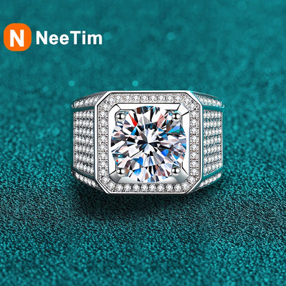 NeeTim D Color 10 Carat Moissanite Ring for Men S925 Sterling Silver Plated with White Gold Luxury Man Wedding Ring Fine Jewelry