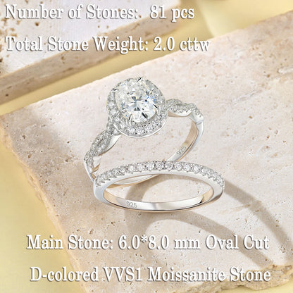 Newshe 925 Sterling Silver D VVS1 Full Moissanite Wedding Rings Set for Women Halo Oval Cut Engagement Ring