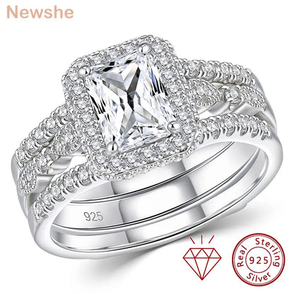 Newshe Certified 925 Silver 3.0Ct Full lMoissanite Wedding Ring Set for Women Radiant Cut Engagement Ring Connected Enhancer
