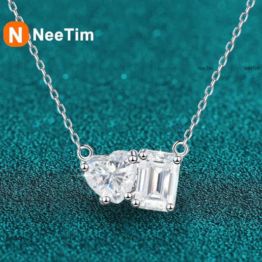 NeeTim Two Stone Moissanite Necklace for Women Lab Gem Pendant 925 Sterling Silver Heart Emerald Radiant Cut Wedding Neck Chain