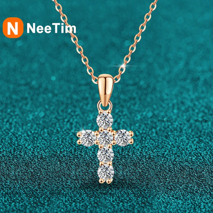 NeeTim 3mm D VVS1 Moissanite Cross Necklace for Women Lab Diamond Sterling Silver 925 Wedding Pendant Certified Necklaces