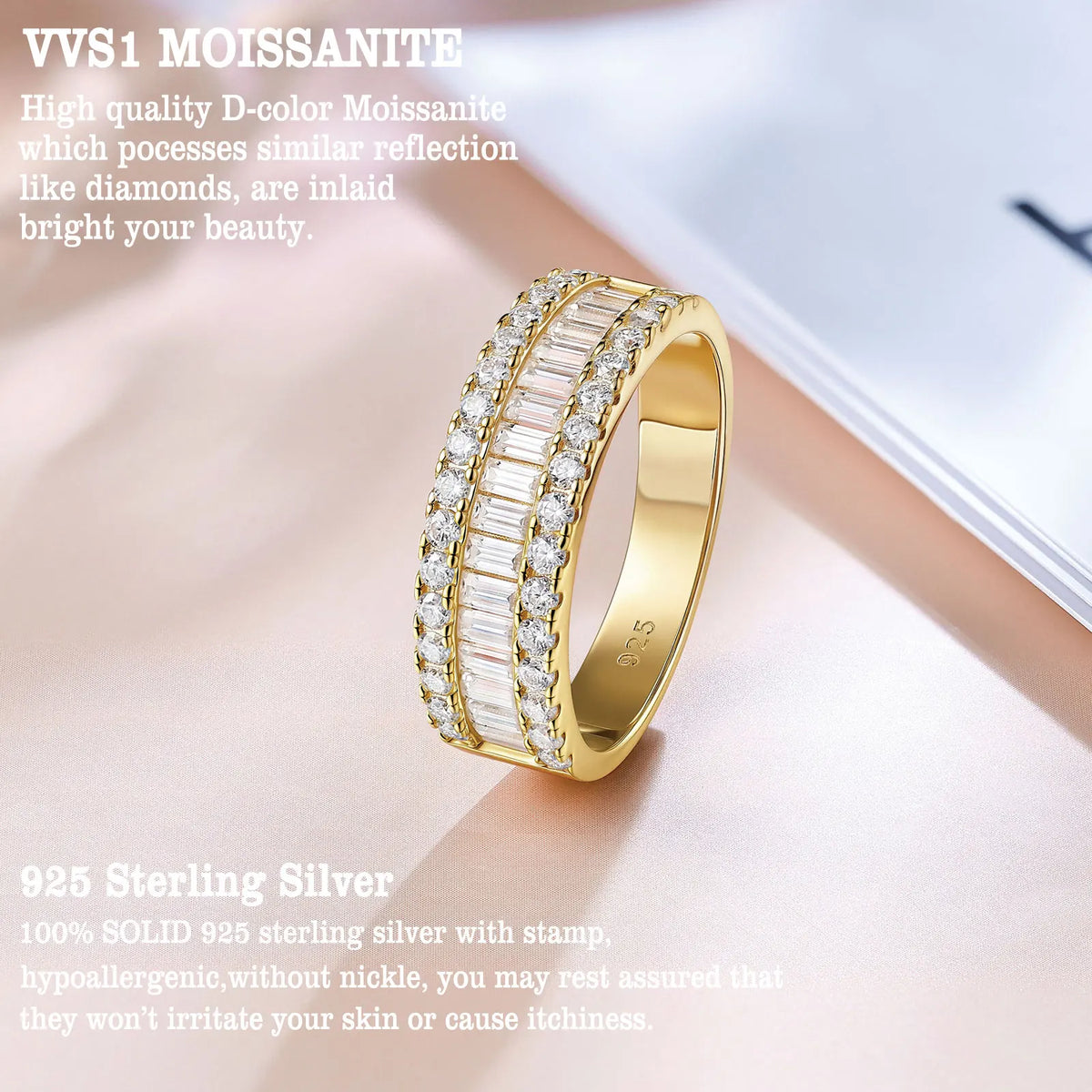 Newshe D Color GRA Certified Moissanite Rings for Women Solid 925 Sterling Silver Yellow Gold Color Wedding Engagement Ring