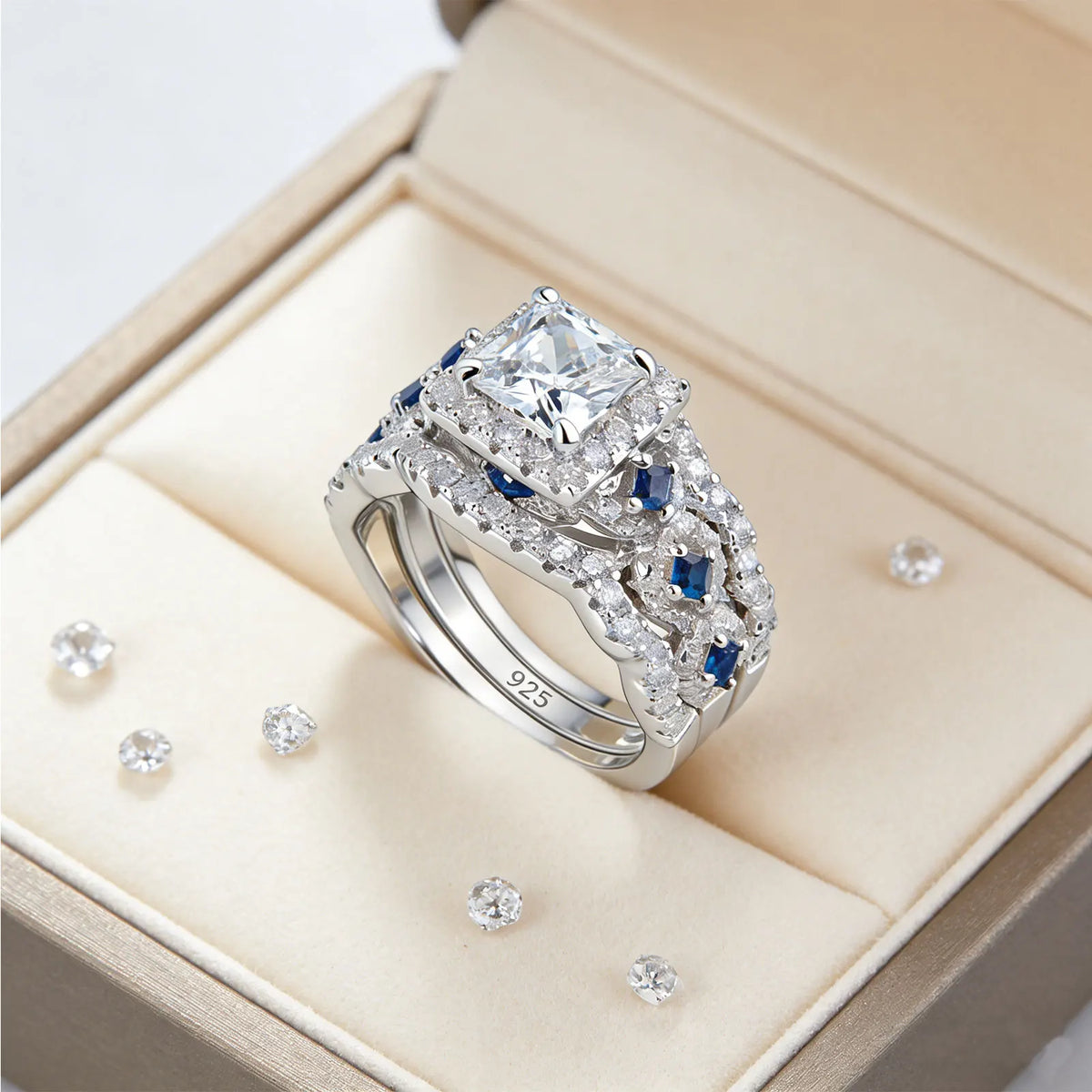 Newshe 3 Pcs Certified Moissanite Wedding Rings Set for Women 925 Sterling Silver 6.5mm Princess Cut Luxury Bridal Jewelry