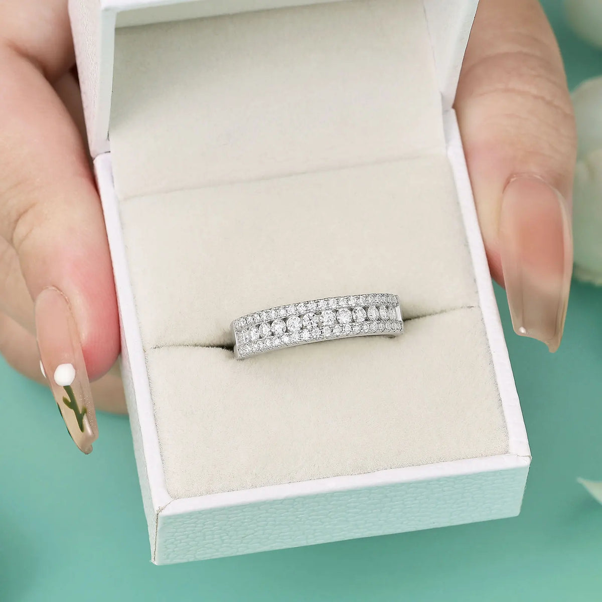 Newshe D Color Moissanite Rings Wedding Ring for Women 925 Sterling Silver Half Eternity Engagement Band