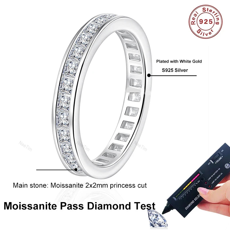 NeeTim Full Princess Cut Moissanite Ring for Women 925 Sterling Silver Lab Diamond Engagement Wedding Rings Fine Jewelry Bands