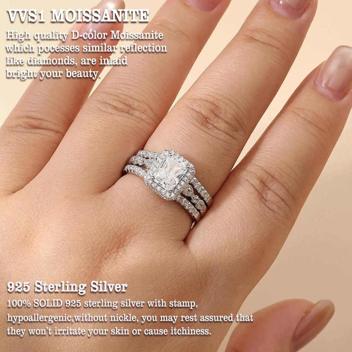 Newshe Certified 925 Silver 3.0Ct Full lMoissanite Wedding Ring Set for Women Radiant Cut Engagement Ring Connected Enhancer