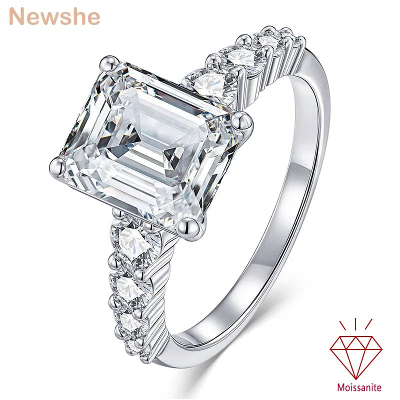 Newshe 4.0 Ct 8*10mm Emerald Cut Certified Moissanite Engagement Rings for Women Wedding Promise Ring with Luxury Jewelry Box