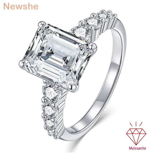 Newshe 4.0 Ct 8*10mm Emerald Cut Certified Moissanite Engagement Rings for Women Wedding Promise Ring with Luxury Jewelry Box