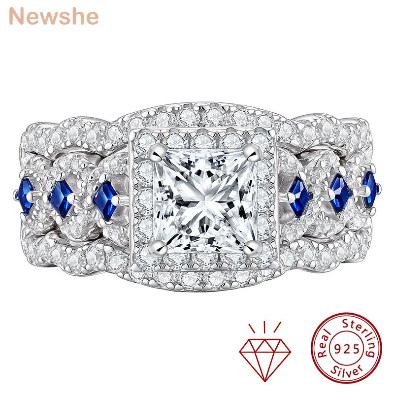 Newshe 3 Pcs Certified Moissanite Wedding Rings Set for Women 925 Sterling Silver 6.5mm Princess Cut Luxury Bridal Jewelry