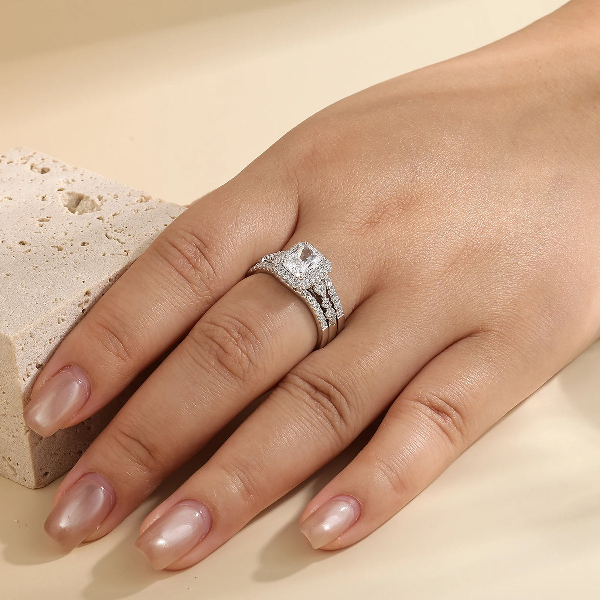 Newshe Certified 925 Silver 3.0Ct Full lMoissanite Wedding Ring Set for Women Radiant Cut Engagement Ring Connected Enhancer