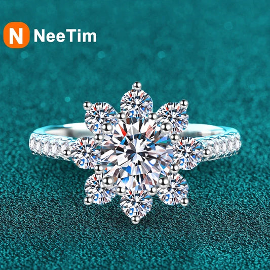 NeeTim 1ct 2ct Moissanite Eternity Ring 925 Sterling Silver with Gold Plated Wedding Flower Lab Diamond Rings For Women Jewelry