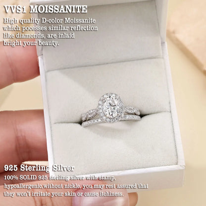 Newshe 925 Sterling Silver D VVS1 Full Moissanite Wedding Rings Set for Women Halo Oval Cut Engagement Ring