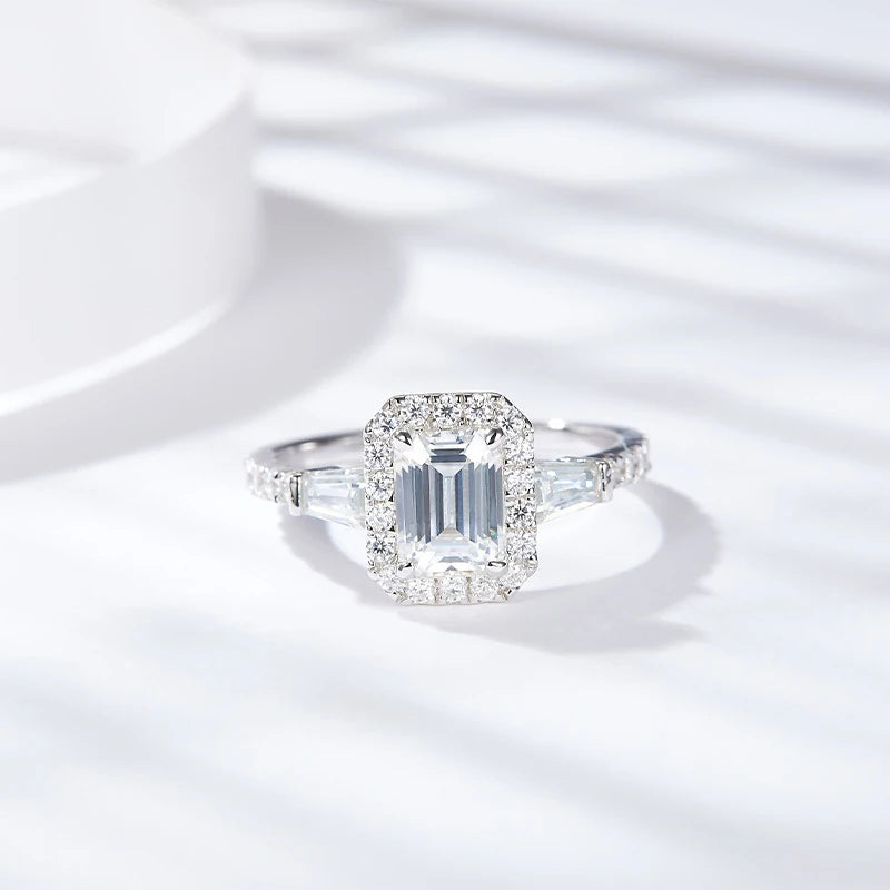 NeeTim D Color Full Moissanite Ring For Women 5x7mm Emerald Cut Sparkling Rings S925 Silver Wedding Party Luxury Band Jewelry