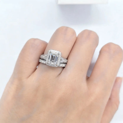 Newshe Emerald Cut Moissanite Wedding Rings Set for Women 2pcs 925 Sterling Silver Halo Engagement Bridal Ring