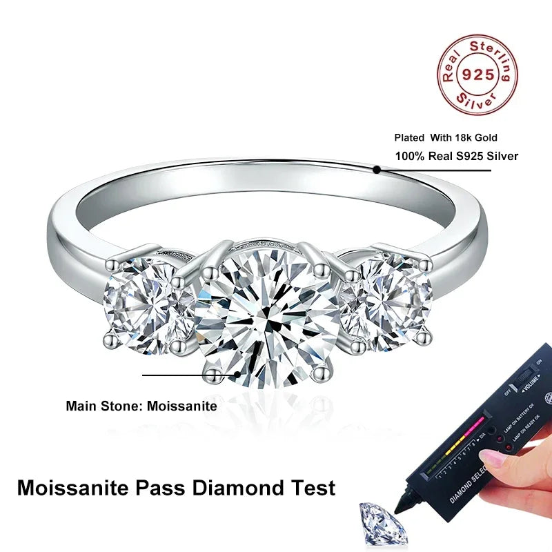NeeTim Full D Color Moissanite Ring 925 Sterling Silver Rings for Women 3-Stone Proposal Engagement Wedding Bands Party Jewelry