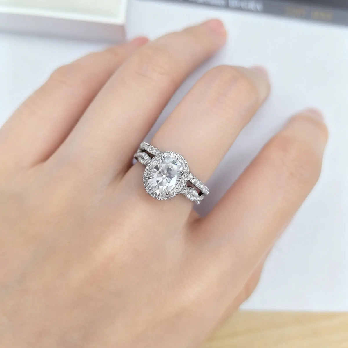 Newshe 925 Sterling Silver D VVS1 Full Moissanite Wedding Rings Set for Women Halo Oval Cut Engagement Ring