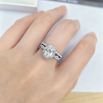 Newshe 925 Sterling Silver D VVS1 Full Moissanite Wedding Rings Set for Women Halo Oval Cut Engagement Ring