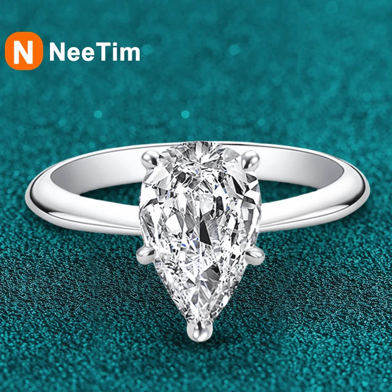 NeeTim 2.0ct Water Drop Cut Moissanite S925 Sterling Silver Pear Cut Diamond Wedding Rings for Women Engagement Promise Band