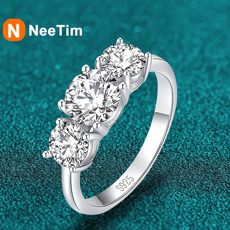 NeeTim 4CT Moissanite Engagement Ring for Women 3-stone S925 Sterling Silver with Gold Plated Wedding Band Promise Diamond Rings