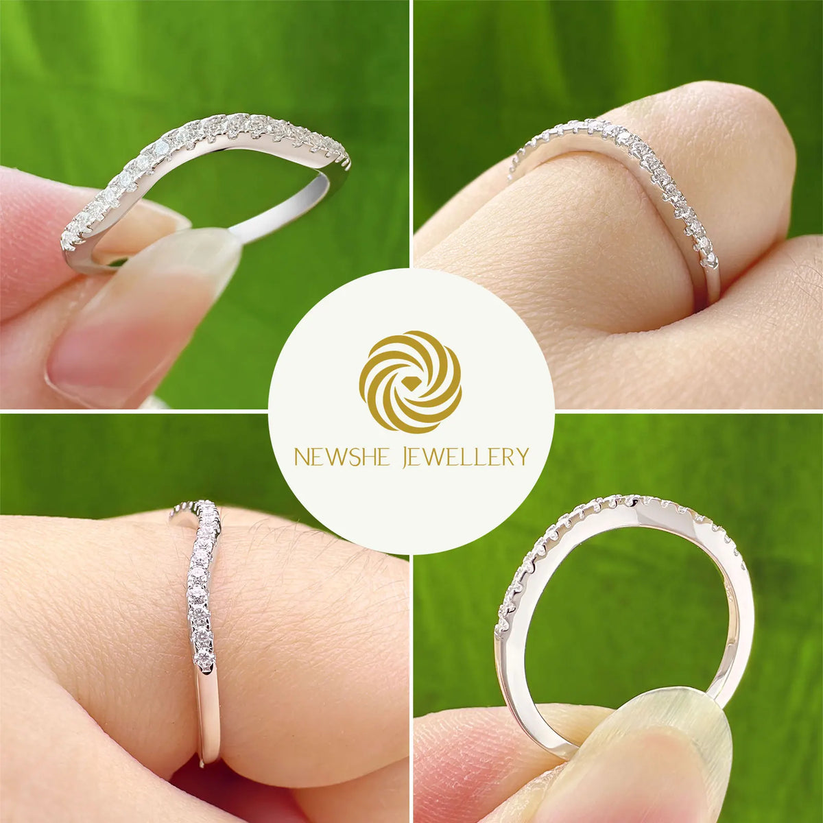 Newshe 925 Silver Moissanite Wedding Rings for Women Curved Stacking Eternity Band Jewelry Gift D Color VVS1 Pass Diamond Tester