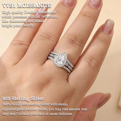 Newshe Moissanite Bridal Ring Sets for women Certified 925 Sterling Silver Pear Shape Engagement Ring with Enhancer Band