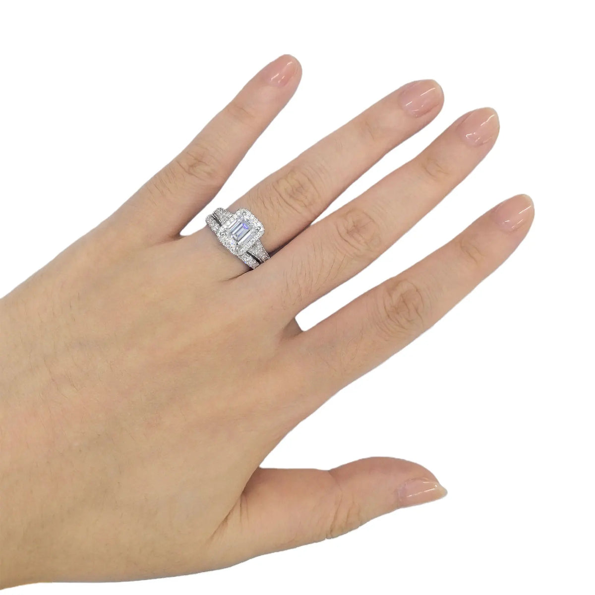 Newshe Emerald Cut Moissanite Wedding Rings Set for Women 2pcs 925 Sterling Silver Halo Engagement Bridal Ring