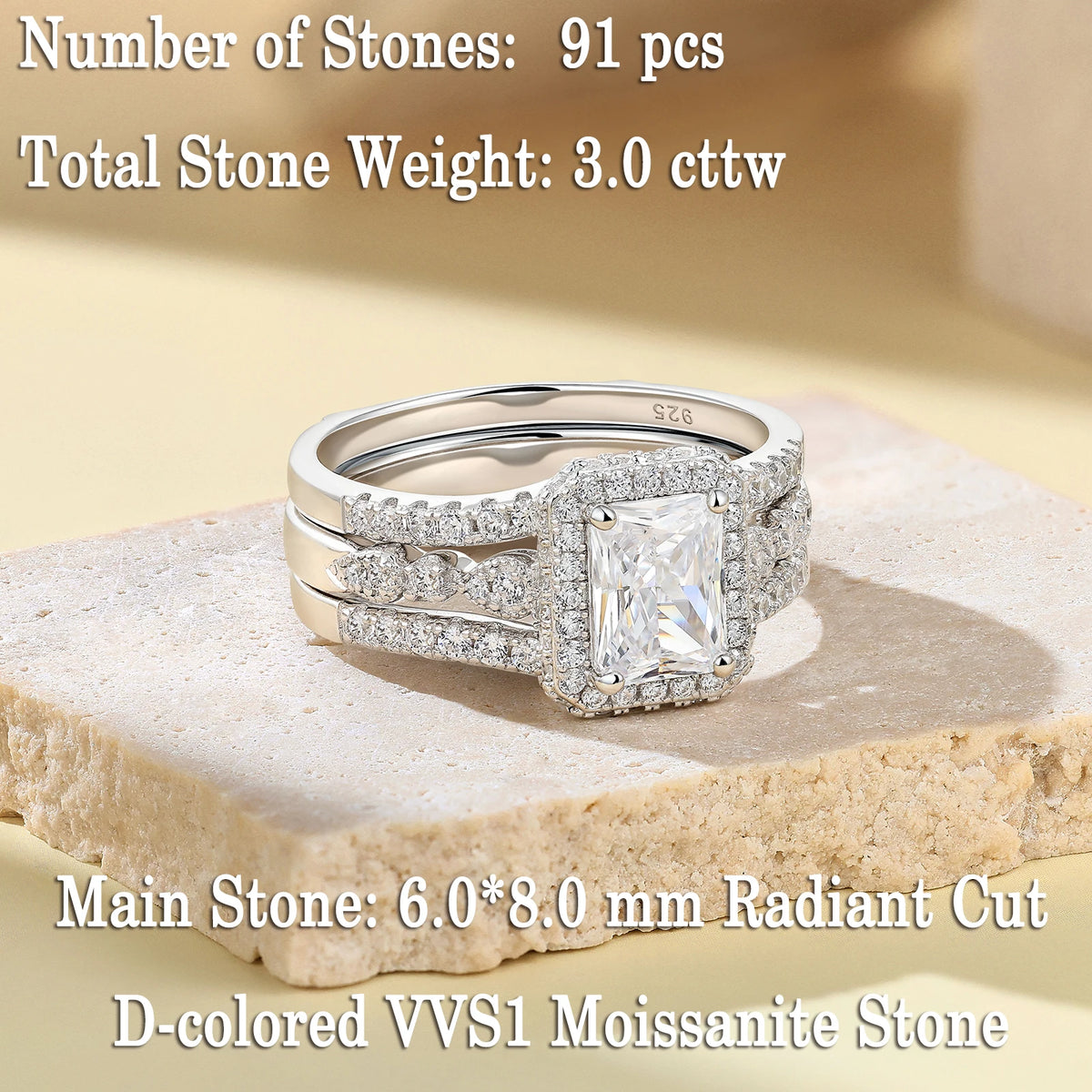Newshe Certified 925 Silver 3.0Ct Full lMoissanite Wedding Ring Set for Women Radiant Cut Engagement Ring Connected Enhancer