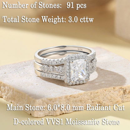 Newshe Certified 925 Silver 3.0Ct Full lMoissanite Wedding Ring Set for Women Radiant Cut Engagement Ring Connected Enhancer