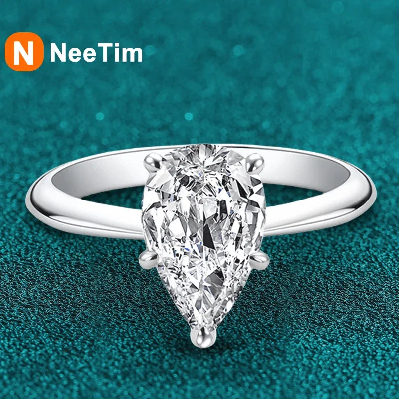 NeeTim 2.0ct Water Drop Cut Moissanite S925 Sterling Silver Pear Cut Diamond Wedding Rings for Women Engagement Promise Band