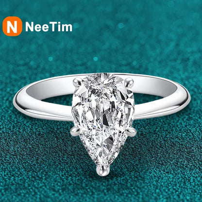 NeeTim 2.0ct Water Drop Cut Moissanite S925 Sterling Silver Pear Cut Diamond Wedding Rings for Women Engagement Promise Band