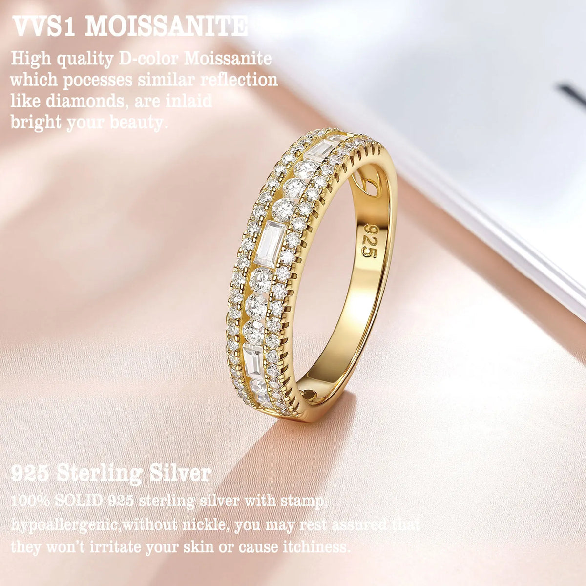 Newshe GRA Certified Moissanite Wedding Bands 925 Sterling Silver 14K Yellow Gold Plated Promise Engagement Rings