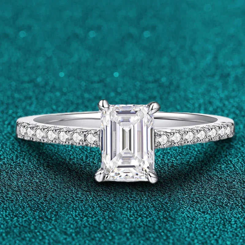 NeeTim1CT Moissanite Ring for Women Emerald Radiant Cut Diamond Wedding 925 Silver White Gold Plated  Rings Fine Jewelry