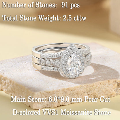 Newshe Moissanite Bridal Ring Sets for women Certified 925 Sterling Silver Pear Shape Engagement Ring with Enhancer Band