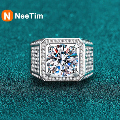 NeeTim D Color 10 Carat Moissanite Ring for Men S925 Sterling Silver Plated with White Gold Luxury Man Wedding Ring Fine Jewelry
