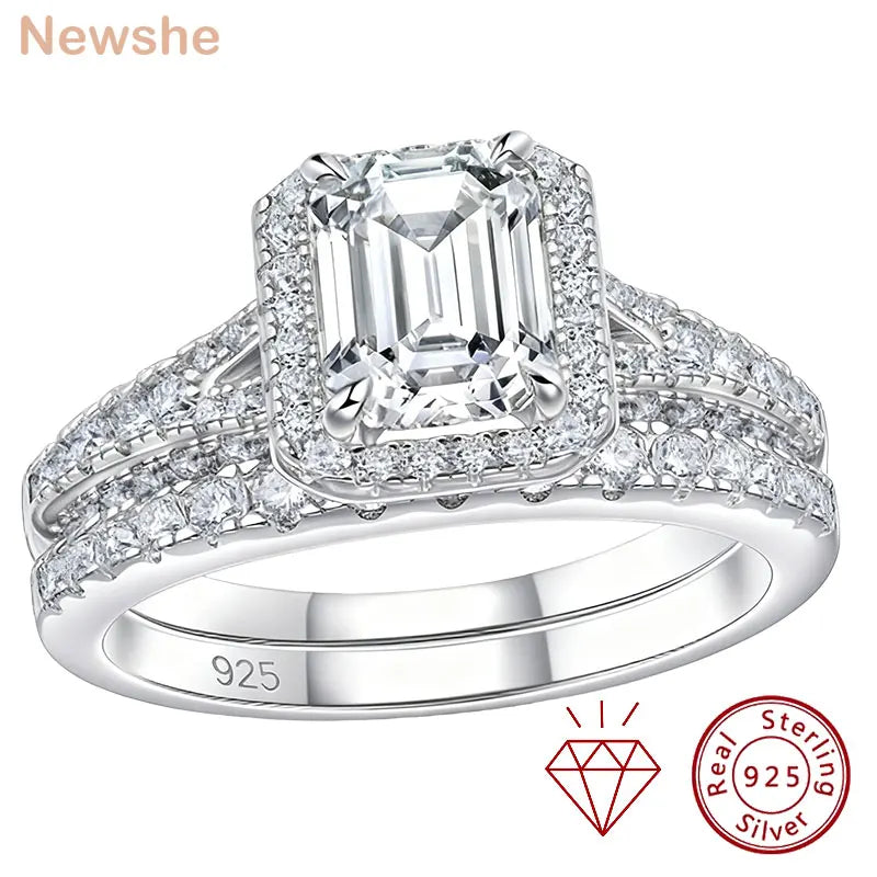 Newshe Emerald Cut Moissanite Wedding Rings Set for Women 2pcs 925 Sterling Silver Halo Engagement Bridal Ring