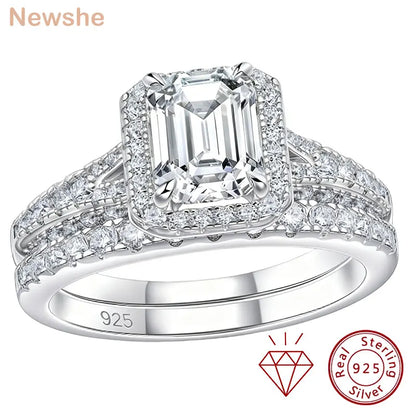 Newshe Emerald Cut Moissanite Wedding Rings Set for Women 2pcs 925 Sterling Silver Halo Engagement Bridal Ring