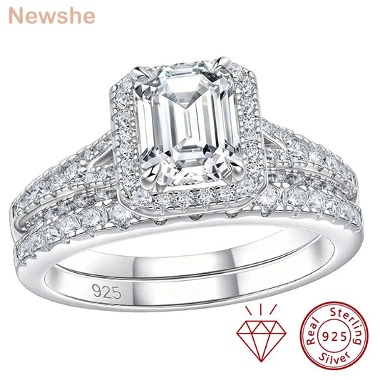Newshe Emerald Cut Moissanite Wedding Rings Set for Women 2pcs 925 Sterling Silver Halo Engagement Bridal Ring