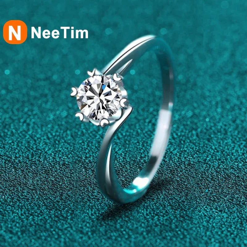 NeeTim 0.5ct 5mm Moissanite Ring Lab Diamond Solitaire Ring for Women Engagement Promise Bands Wedding Band Fine Jewelry